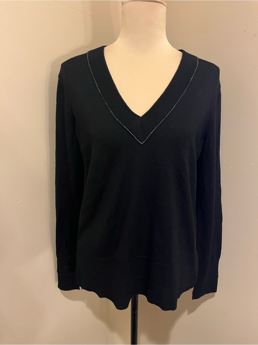 Rag & Bone Black V-Neck Sweater, white stitched contrast, Small